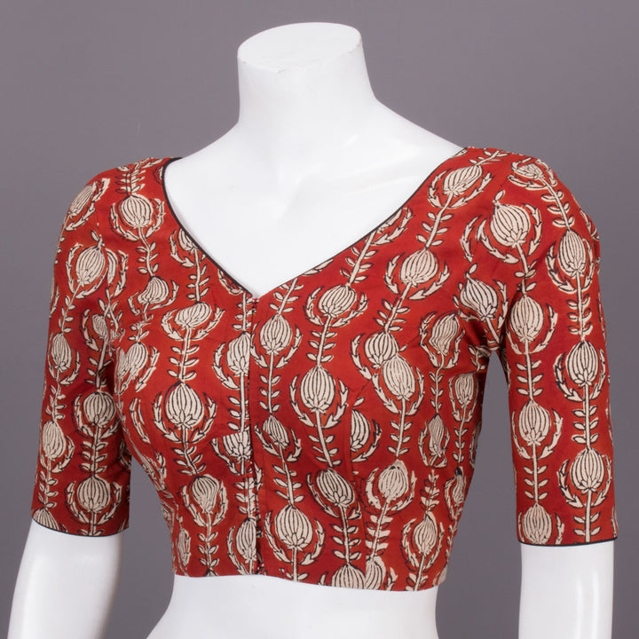 Red Hand Block Printed Cotton Blouse 10073314