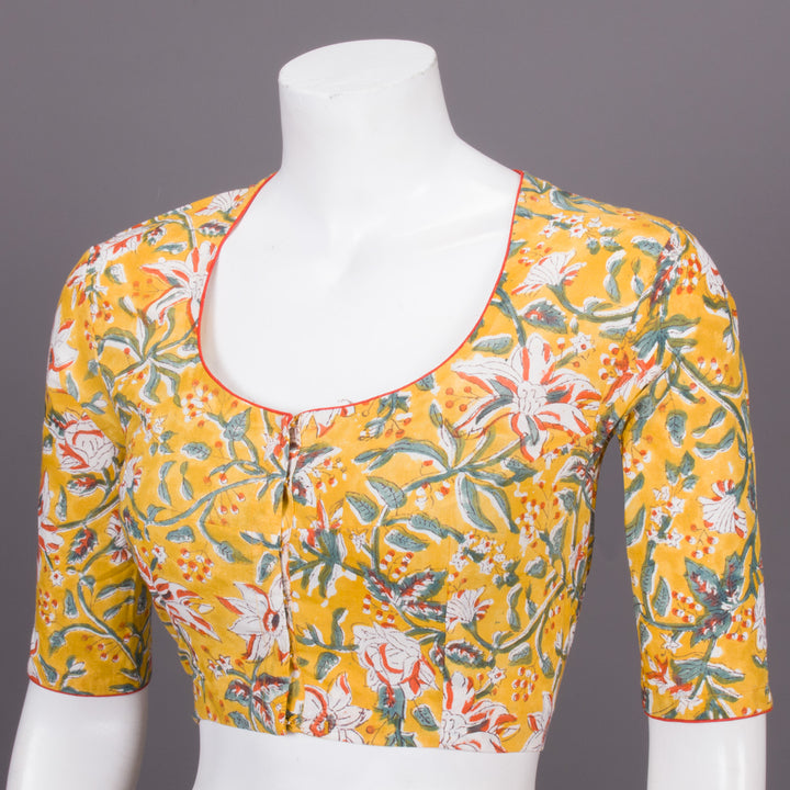 Yellow Hand Block Printed Cotton Blouse 10073323