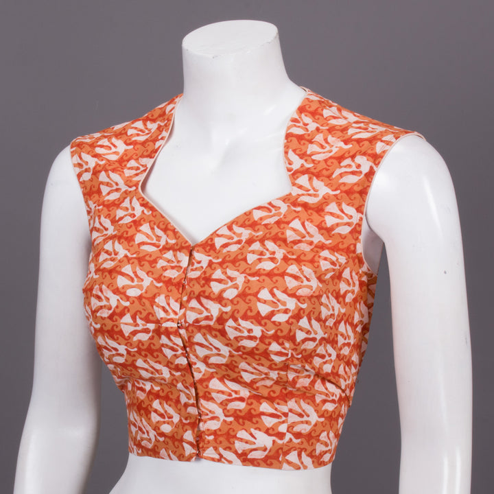 Orange Hand Block Printed Cotton Blouse 10073325