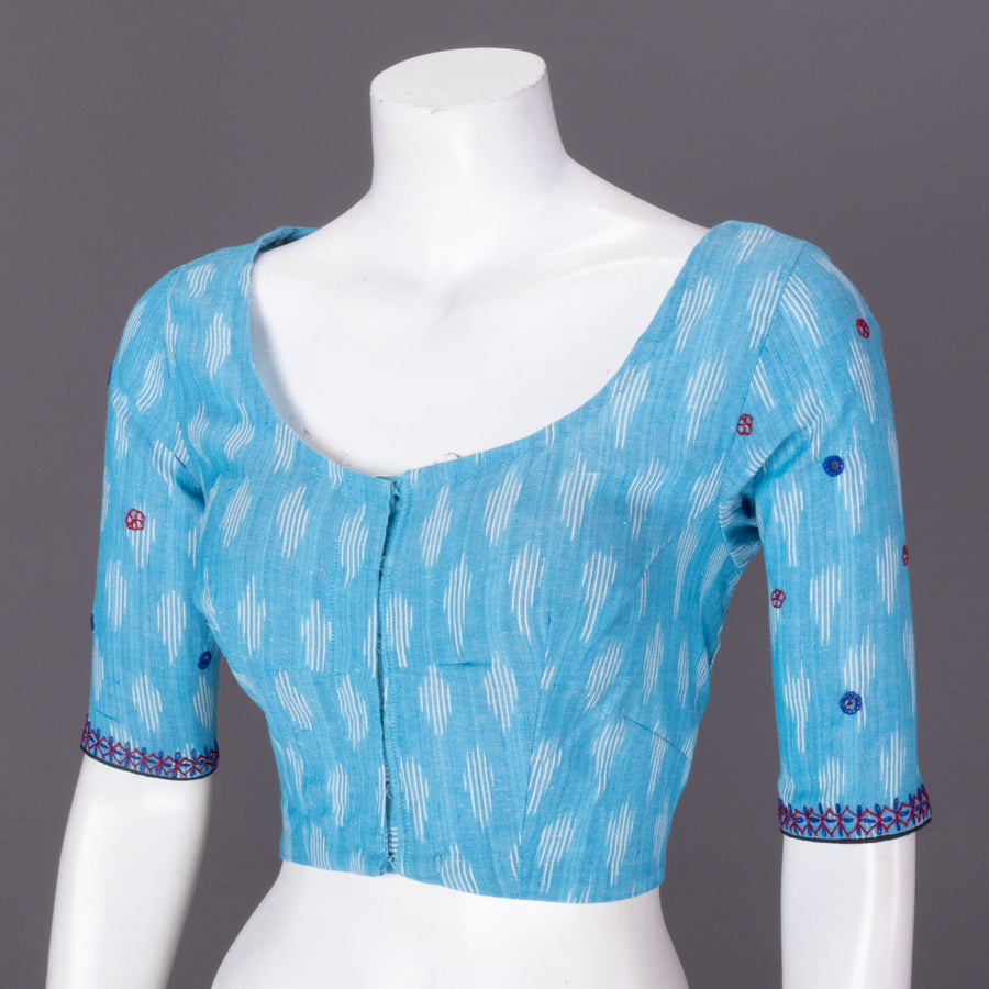 Blue Mirror Work Pochampally Ikat Cotton Blouse 10073396