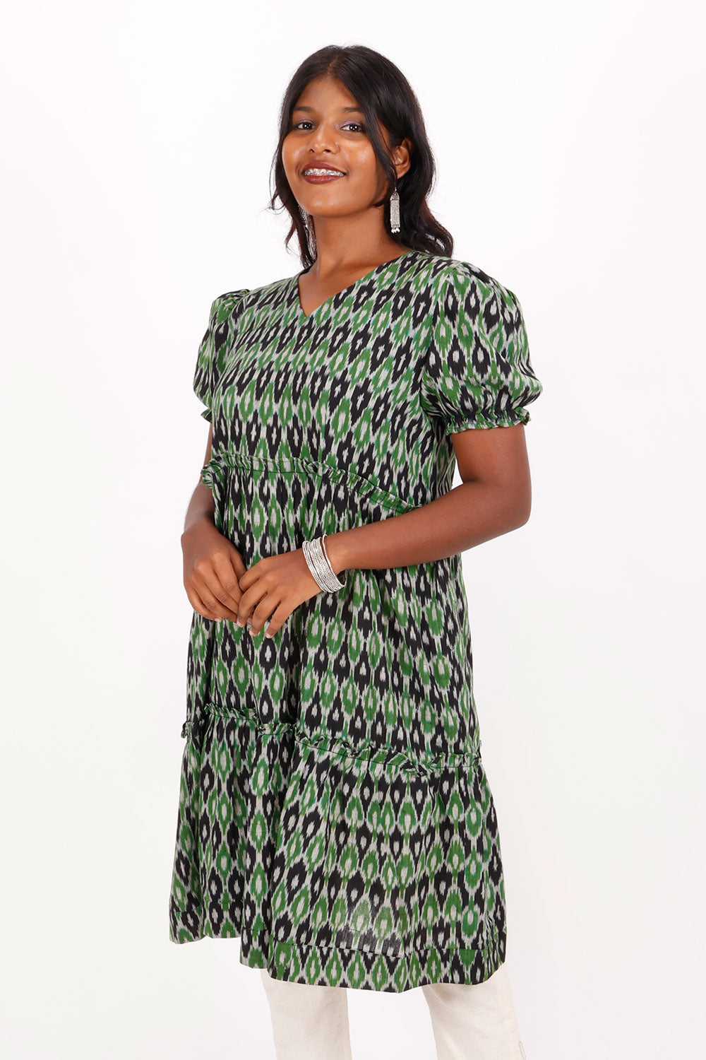 Green Handcrafted Ikat Cotton Dress