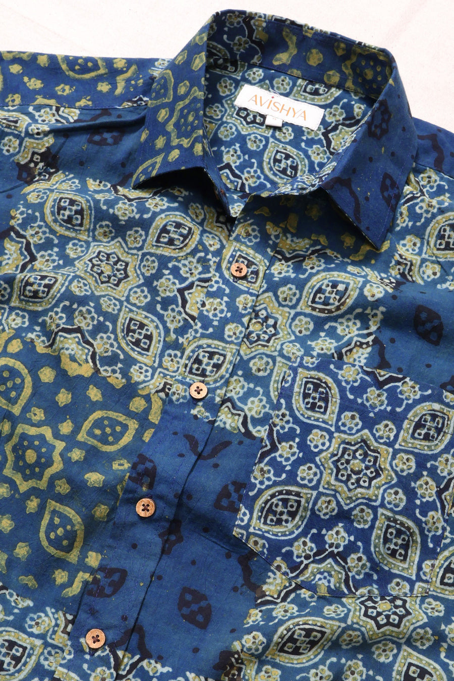 Blue Half Sleeve Ajrakh Printed Cotton Mens Shirt 10072713