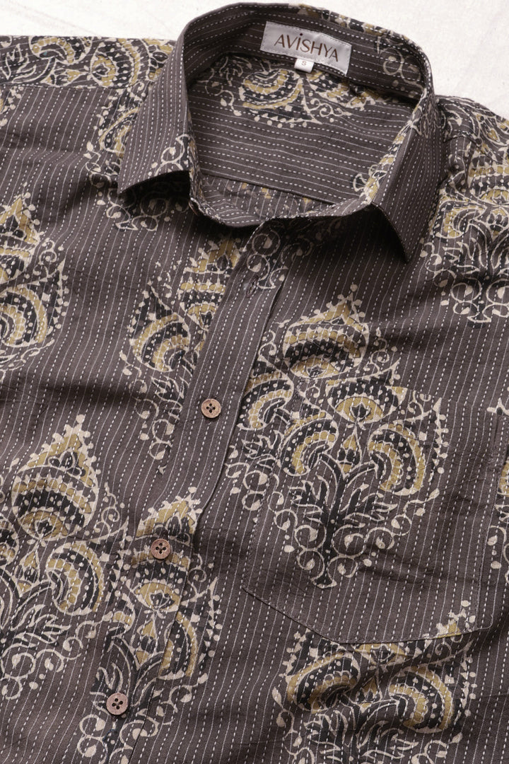 Brown Half Sleeve Ajrakh Printed Cotton Mens Shirt 10072910