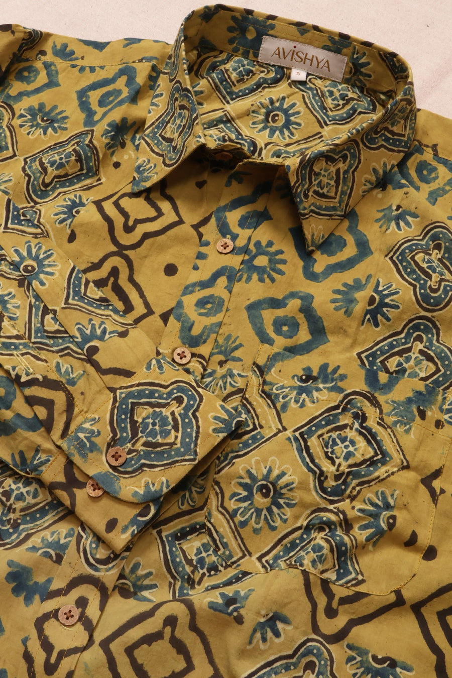 Yellow Full Sleeve Ajrakh Printed Cotton Mens Shirt 10072911