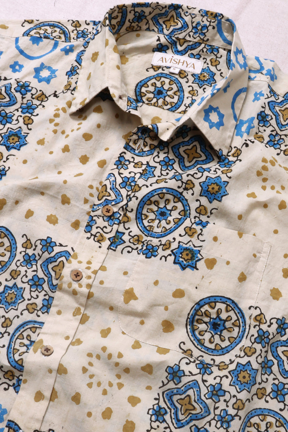 Beige Half Sleeve Ajrakh Printed Cotton Mens Shirt 10072915