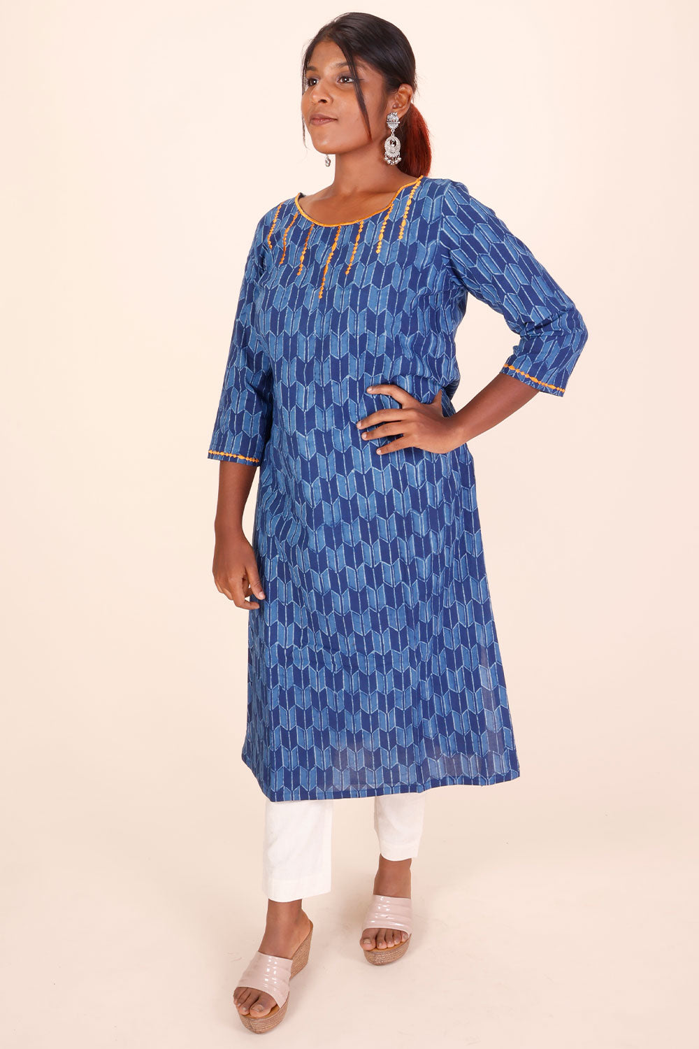 Indigo Dyed & Embroidered Dabu Printed Cotton Kurta 10068998 - Avishya