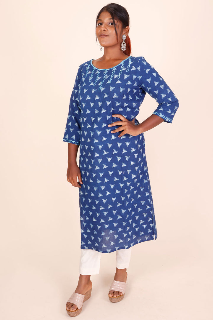 Blue Hand Block Printed Cotton Kurta 10069000 - Avishya