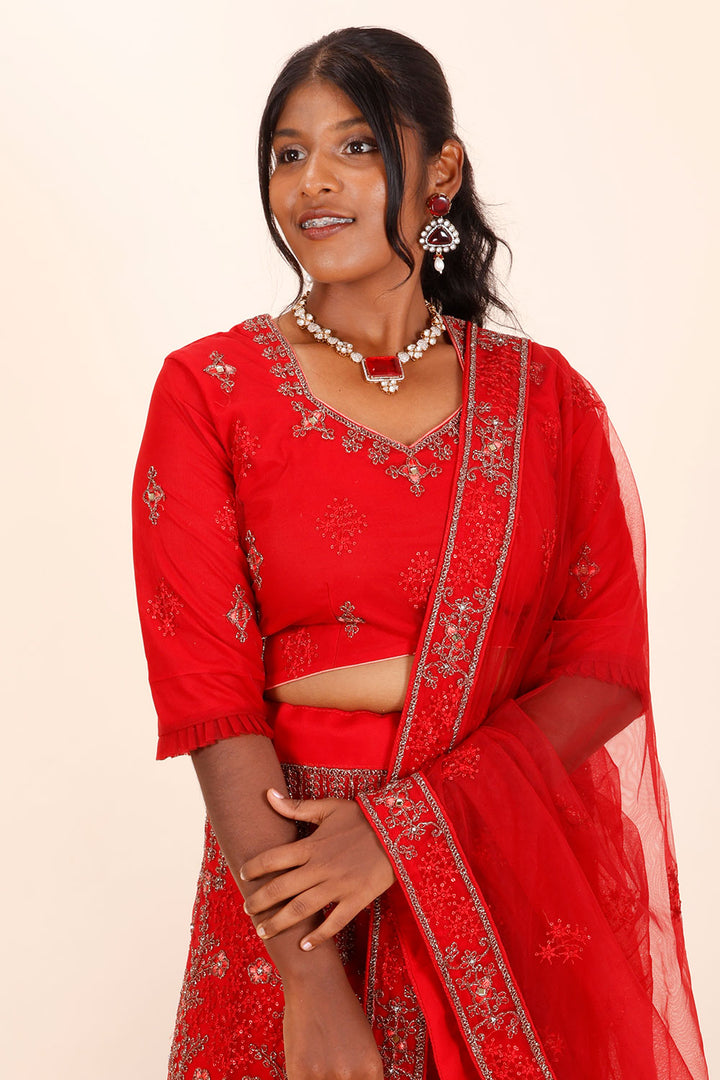 Red Net Silk Embroidered Lehenga