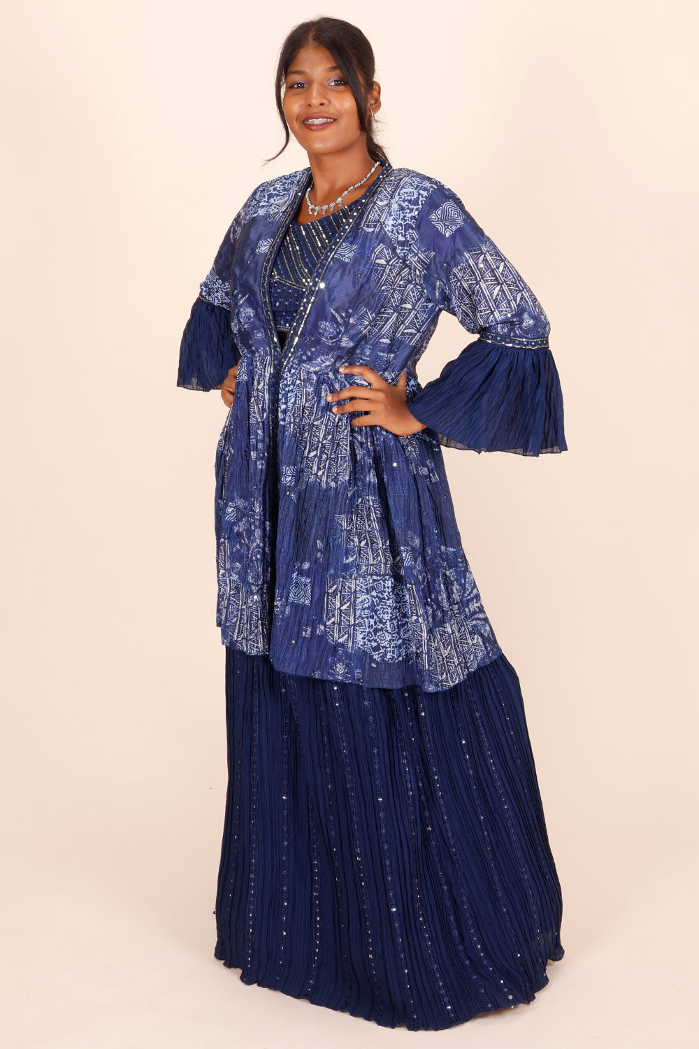 Blue Net Silk Embroidered Jacket Lehenga 10068661