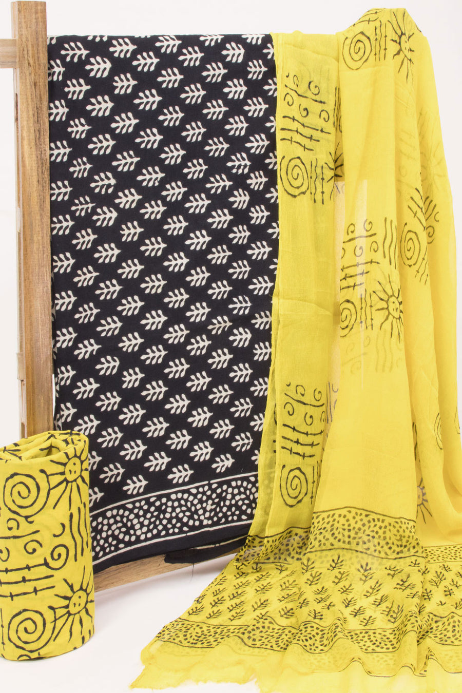 Black Hand Block Printed Cotton 3-Piece Salwar Suit Material 10065072