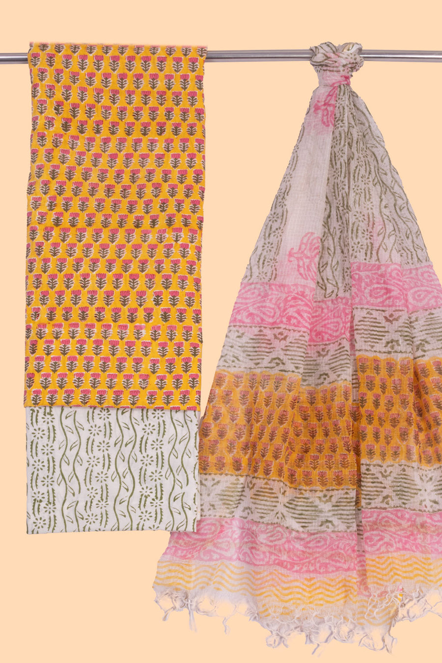Yellow 3-Piece Mulmul Cotton Salwar Suit Material With Kota Dupatta 