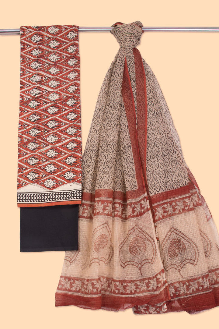 Brick Red 3-Piece Mulmul Cotton Salwar Suit Material With Kota Dupatta