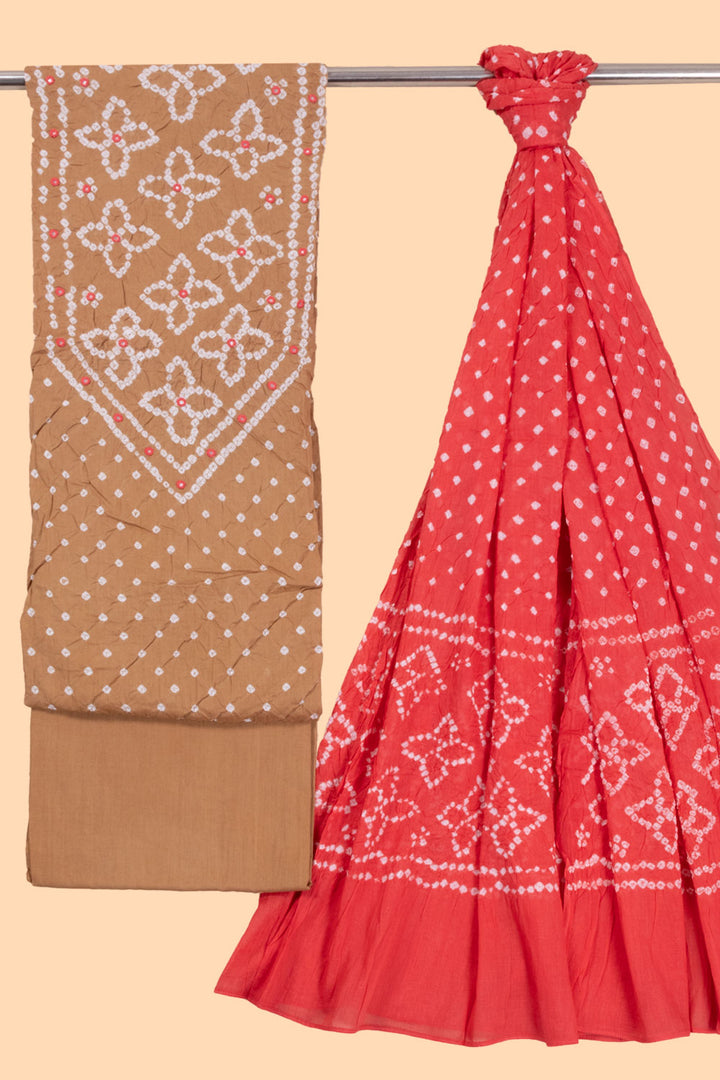 Brown Bandhani Cotton 3-Piece Salwar Suit Material