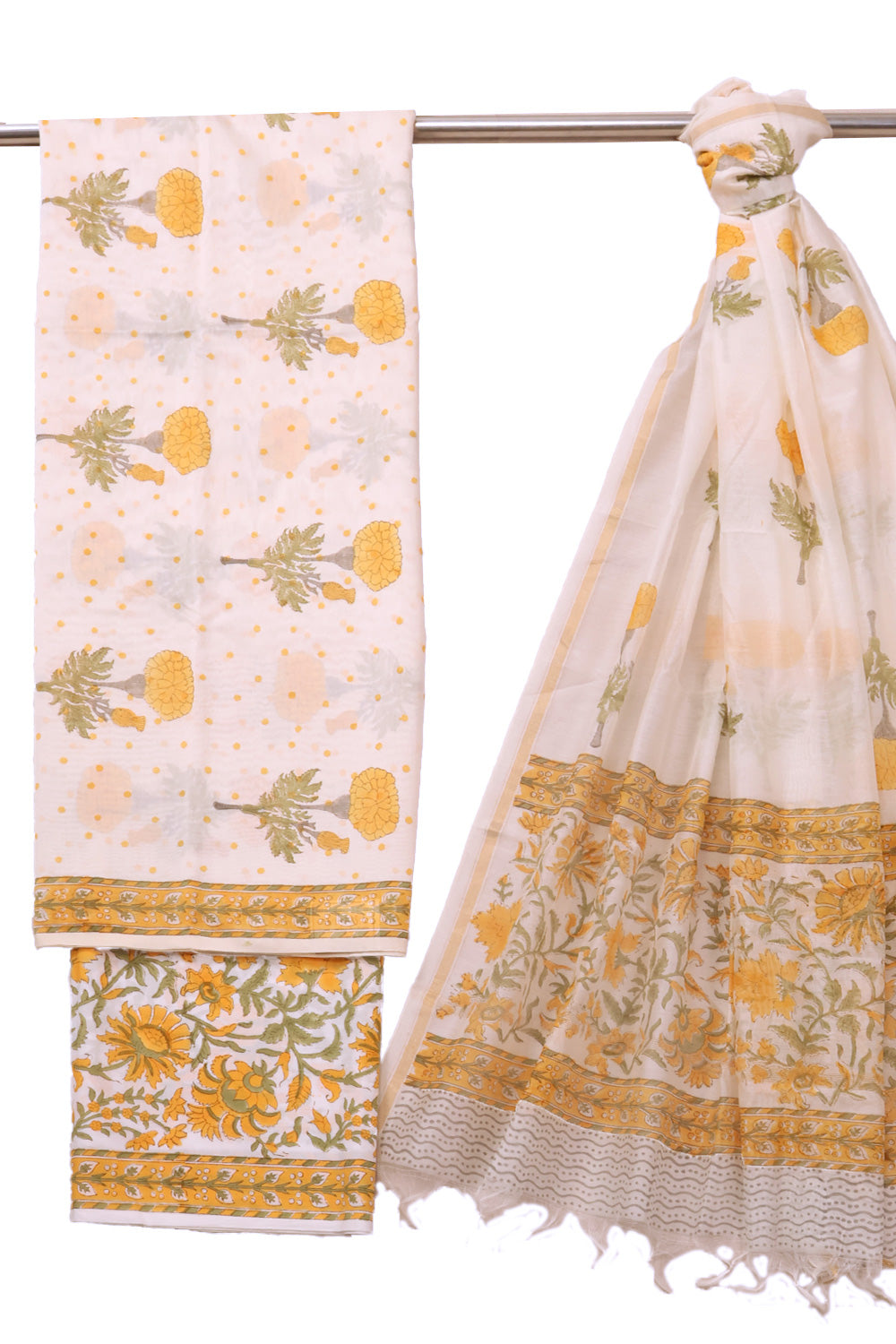 Yellow Handblock Printed 3 Piece Silk Cotton Salwar Suit Material 10072919