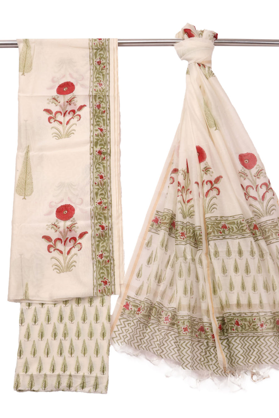 White Handblock Printed Silk Cotton 3 Piece Salwar Suit Material 10072923