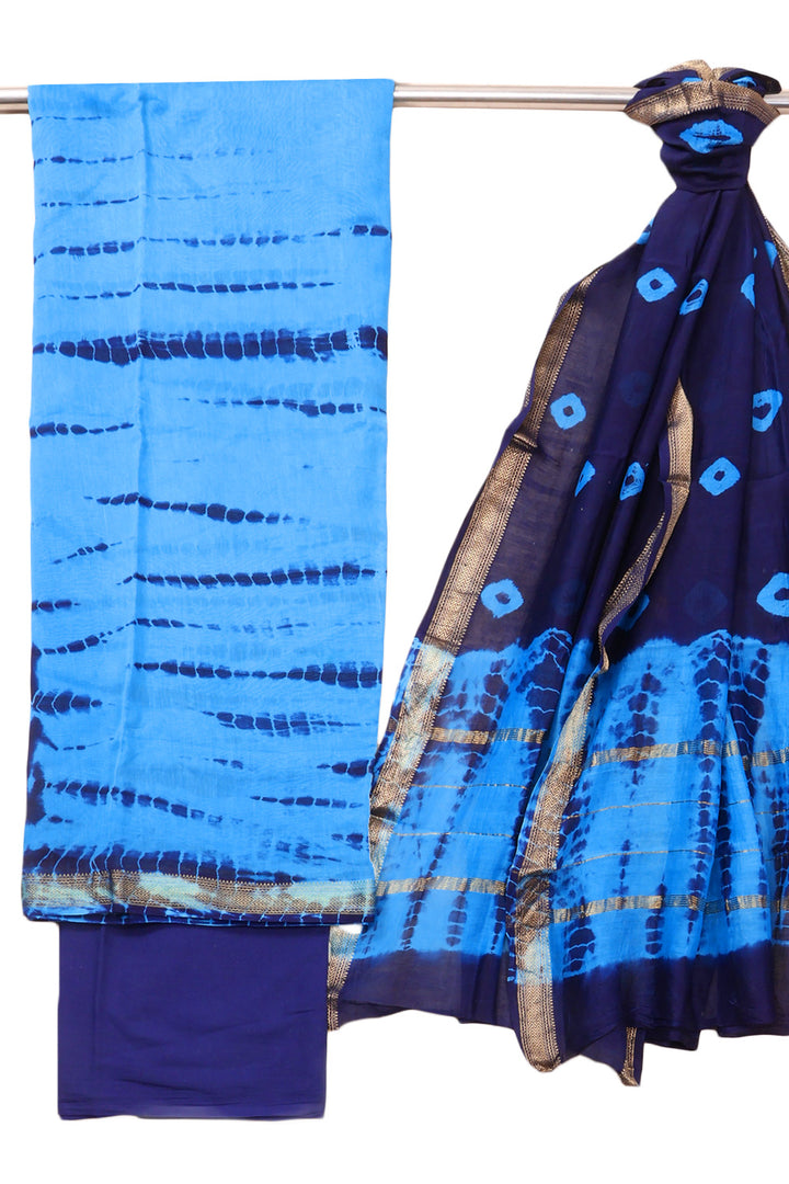 Blue Shibori Printed Silk Cotton 3 Piece Salwar Suit Material 10072927