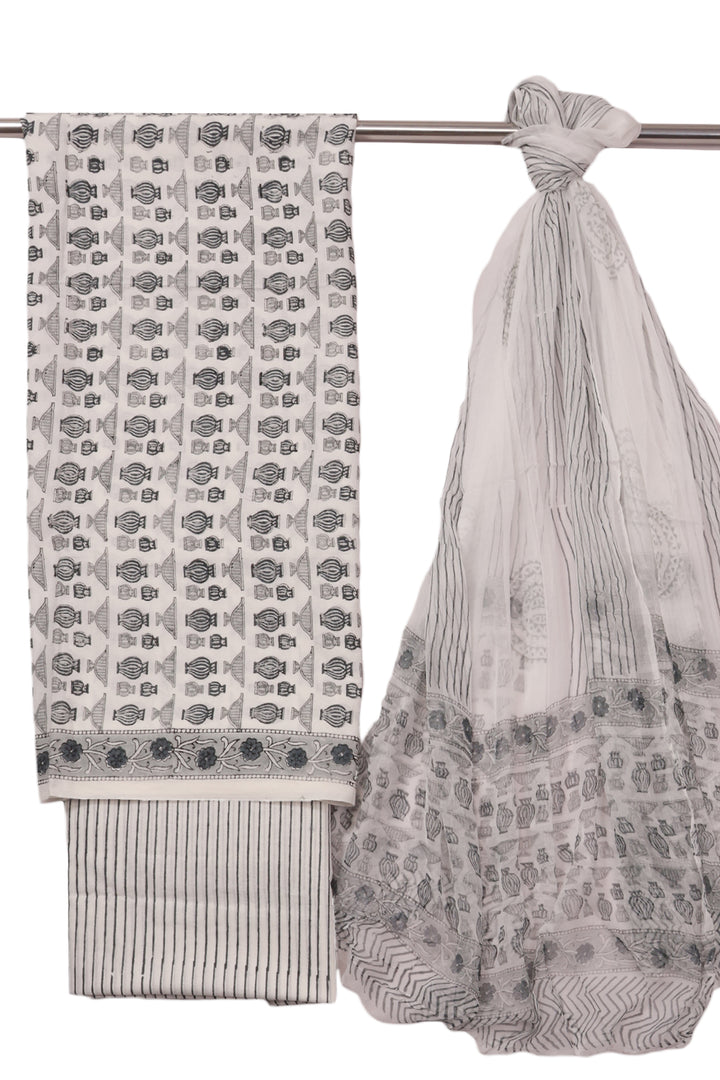 White Handblock Printed Cotton 3-Piece Salwar Suit Material 10072961