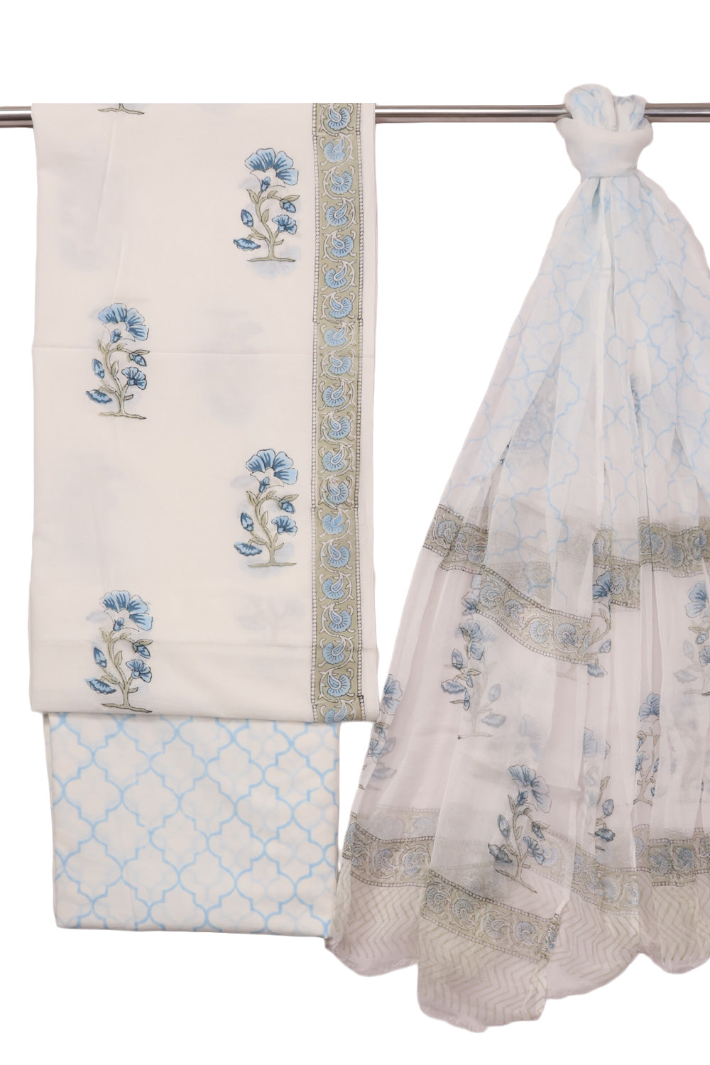 White Handblock Printed Cotton 3-Piece Salwar Suit Material 10072966