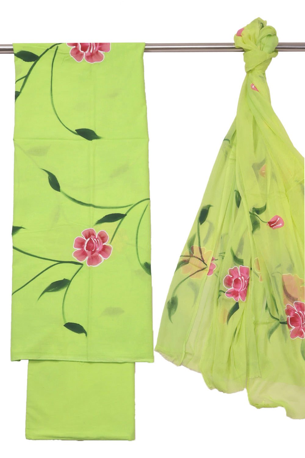 Green Hand Painted Cotton 3 Piece Salwar Suit Material With Chiffon Dupatta 10072972