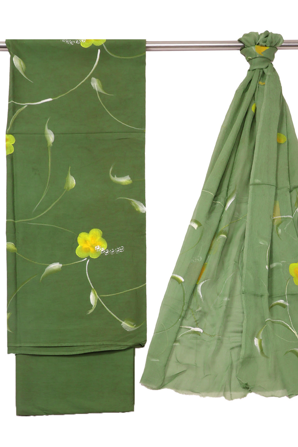 Green Hand Painted Cotton 3 Piece Salwar Suit Material 10072975