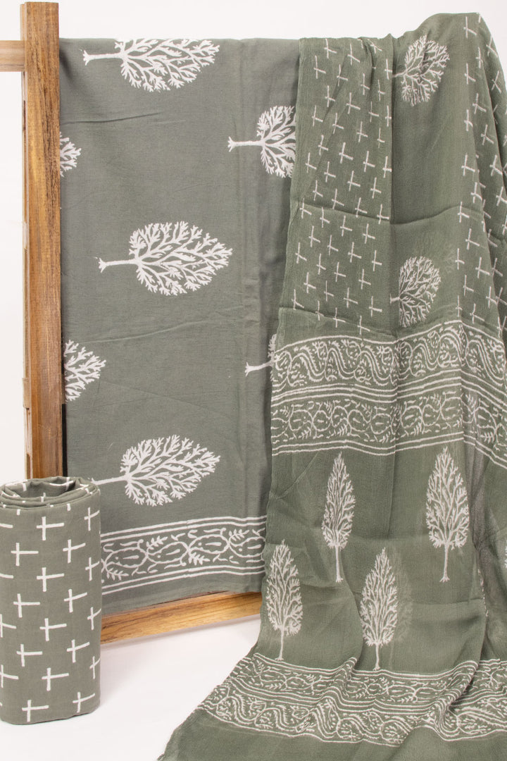 Green Hand block Printed Cotton 3-Piece Salwar Suit Material 10072984