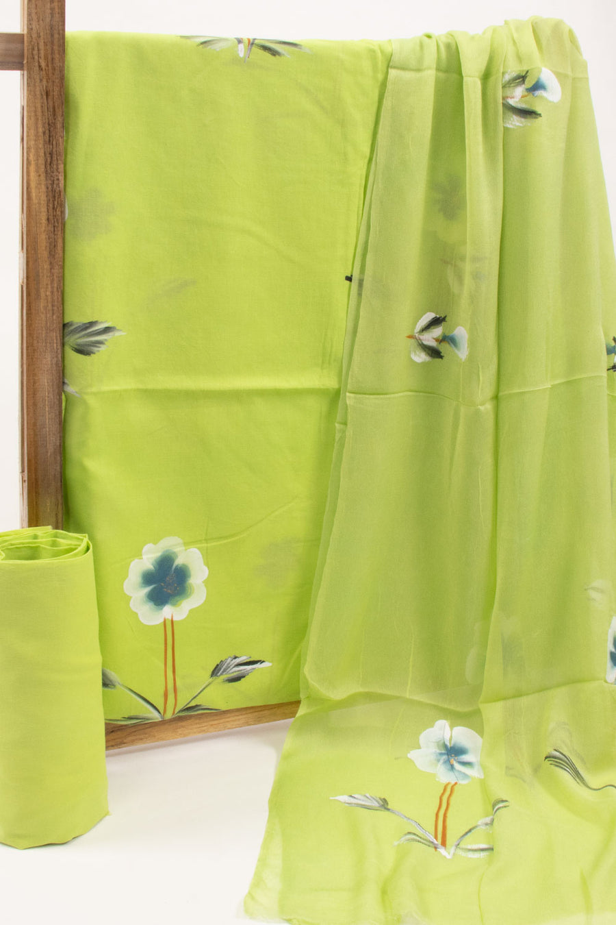 Green Hand Painted Cotton 3 Piece Salwar Suit Material 10073745