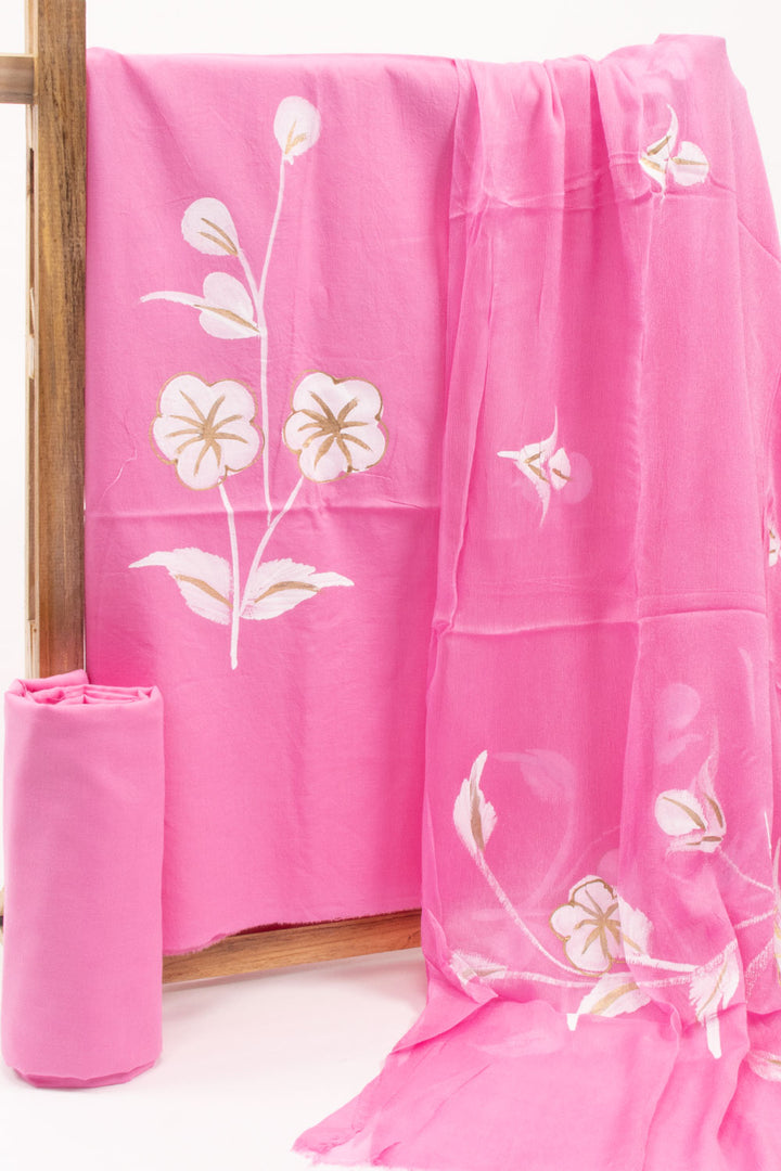 Pink Hand Painted Cotton 3 Piece Salwar Suit Material 10073746