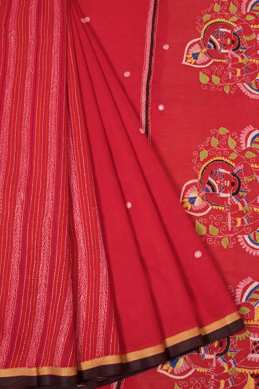 Red Kantha Embroidered Cotton Saree - Avishya