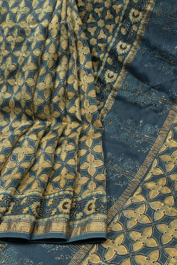 Blue Ajrakh Printed Silk Cotton Saree Avishya.com
