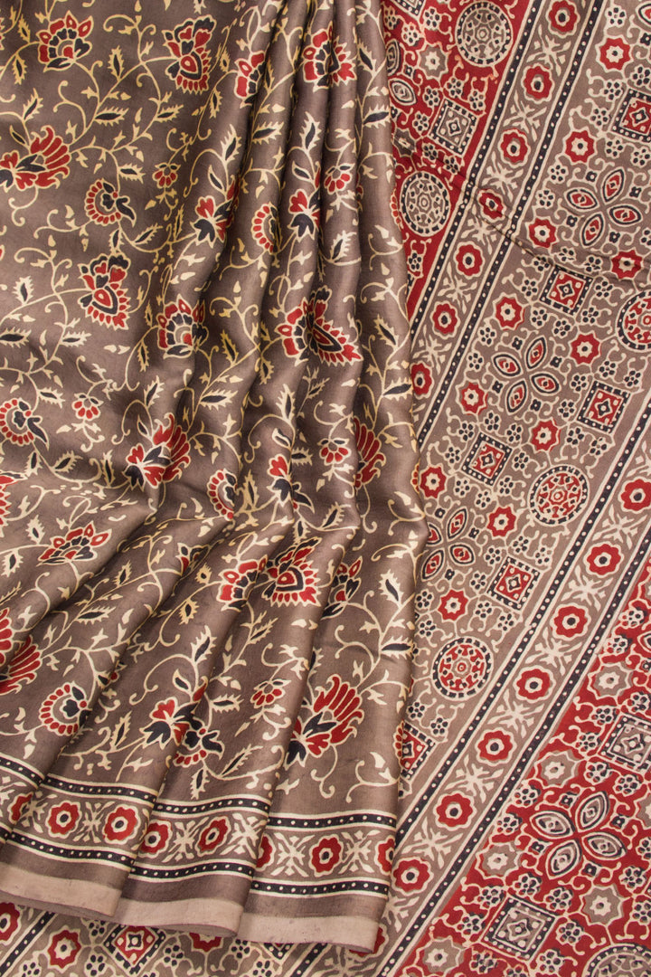 Brown Ajrakh Printed Modal Silk Saree 