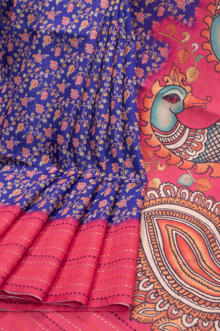 Blue Printed Kalamkari Tussar Silk Saree with Kantha Border 10070521