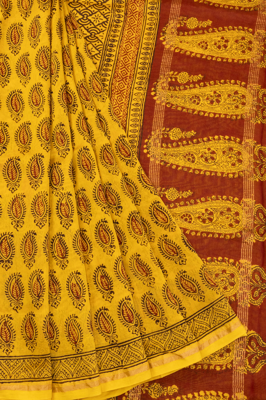 Canary Yellow Bagh Printed Silk Cotton Saree 10071014