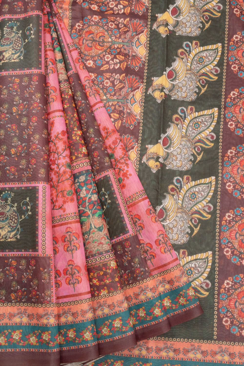 Pink Kalamkari Print Malai Cotton Saree