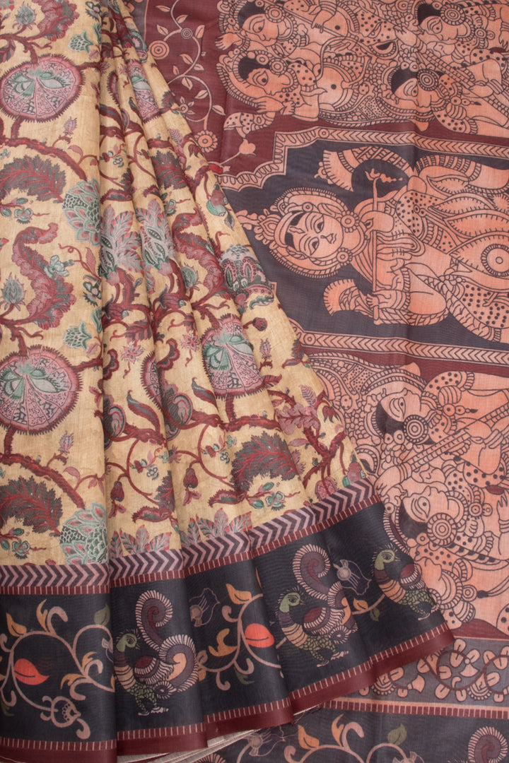 Cream Kalamkari Print Malai Cotton Saree