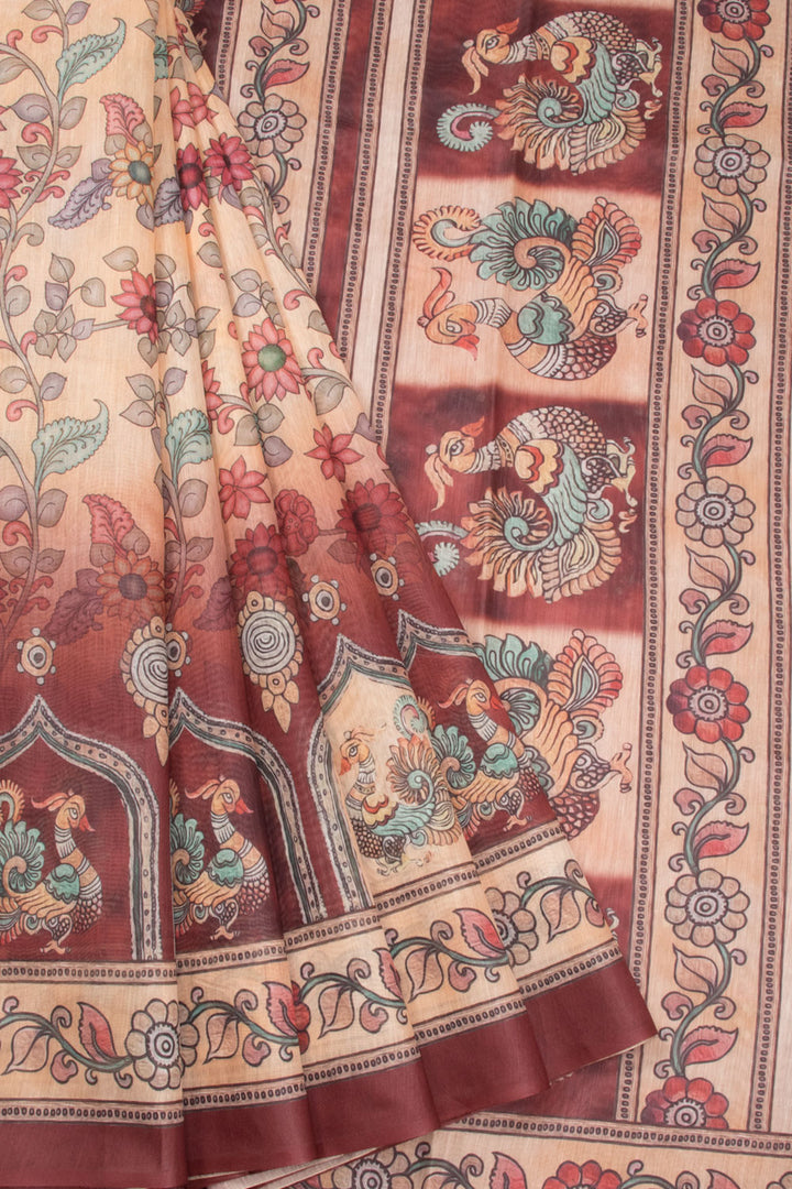 Cream Kalamkari Print Malai Cotton Saree