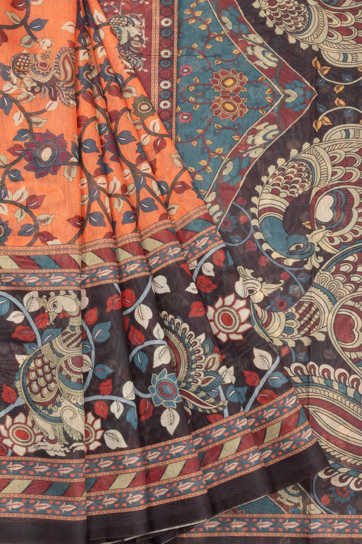 Orange Kalamkari Print Malai Cotton Saree