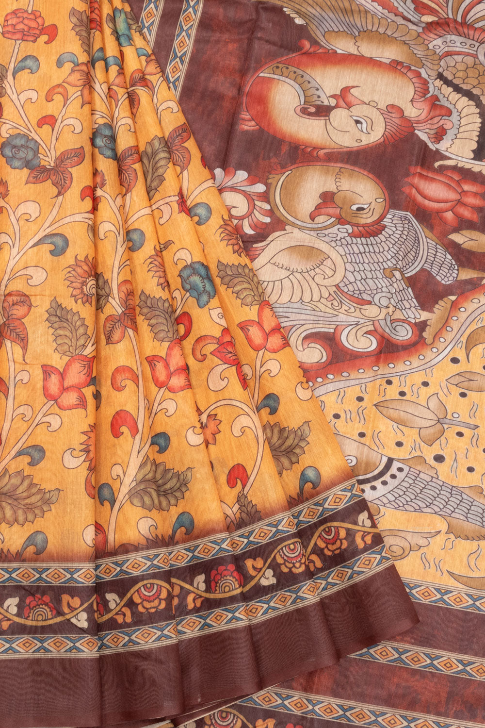 Sunrise Orange Kalamkari Print Malai Cotton Saree