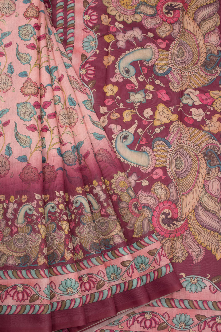 Pastel Pink Kalamkari Print Malai Cotton Saree