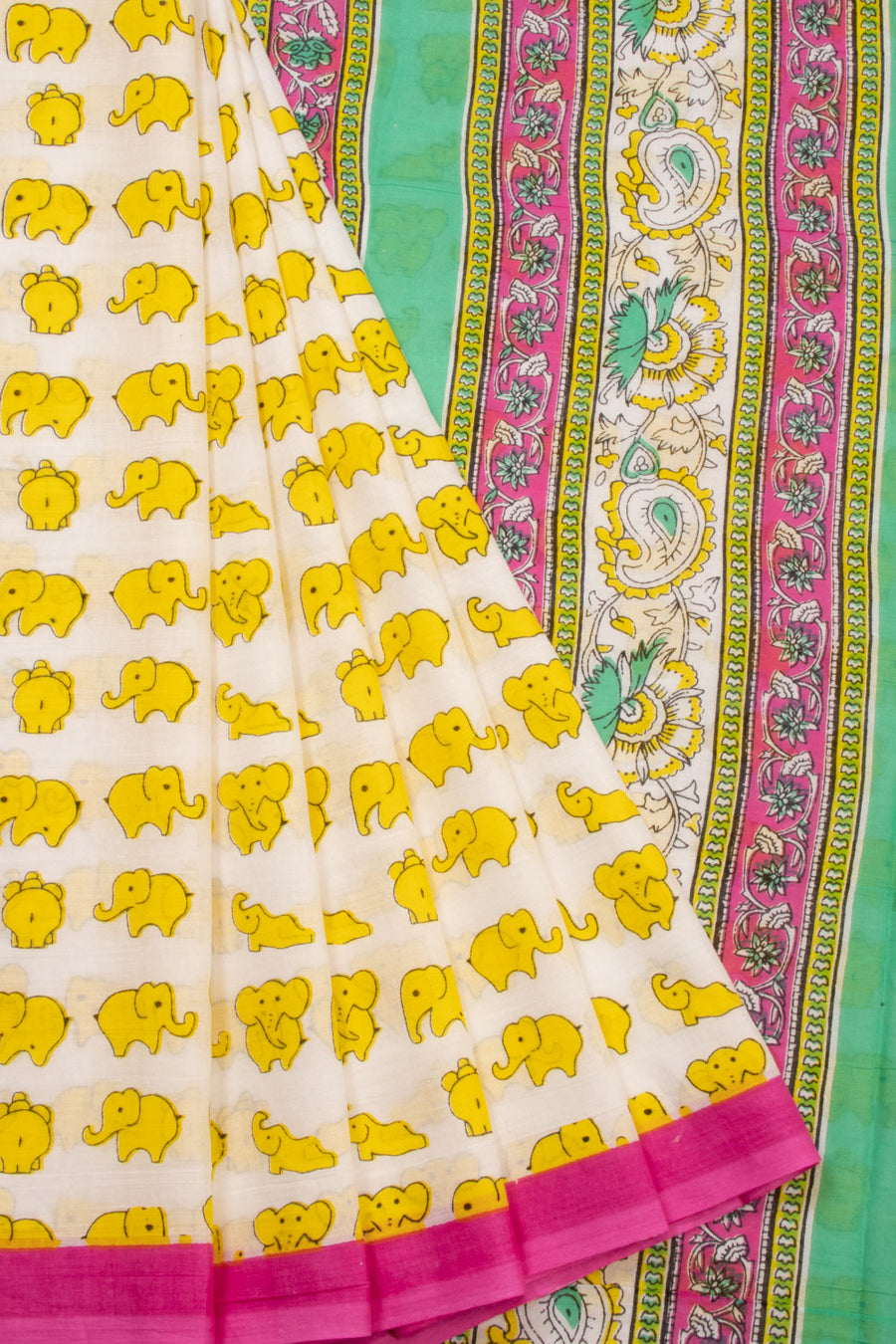 Yellow Hand Block Printed Cotton Saree 