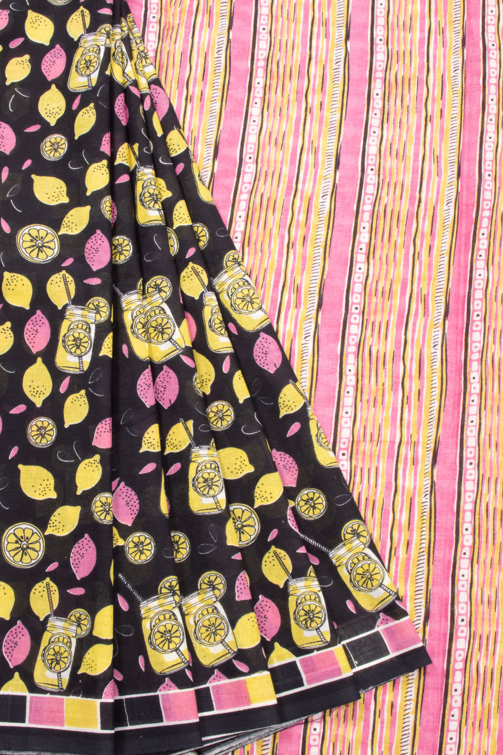 Yellow Hand Block Printed Cotton Saree