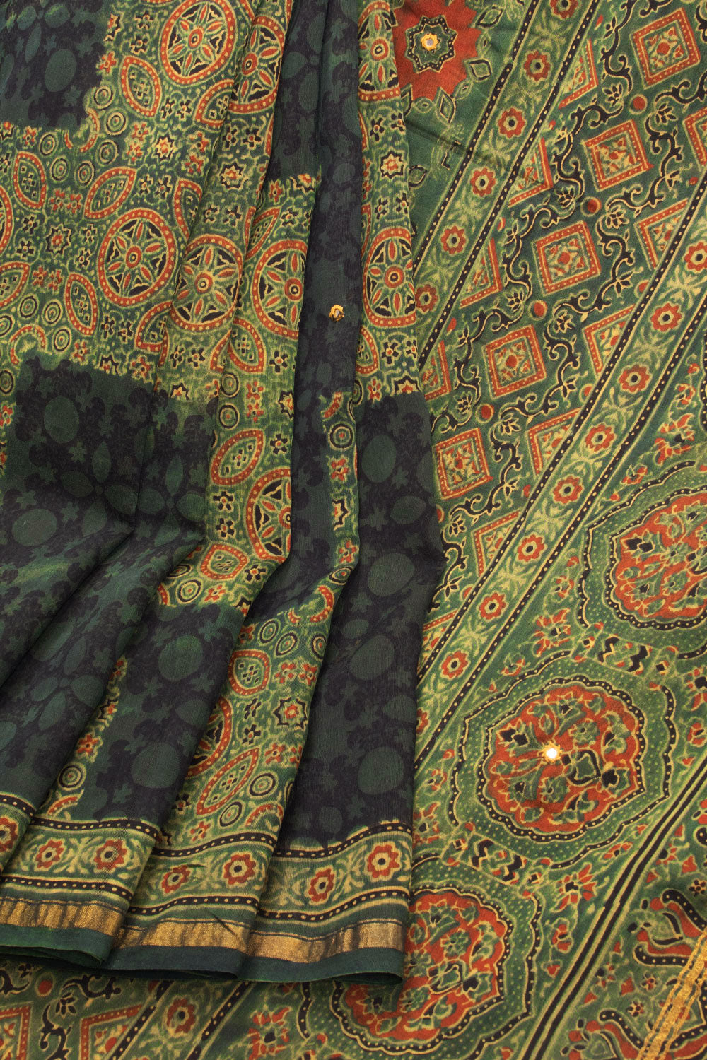 Green Ajrakh Printed Silk Cotton Saree With Mirror Embroidery