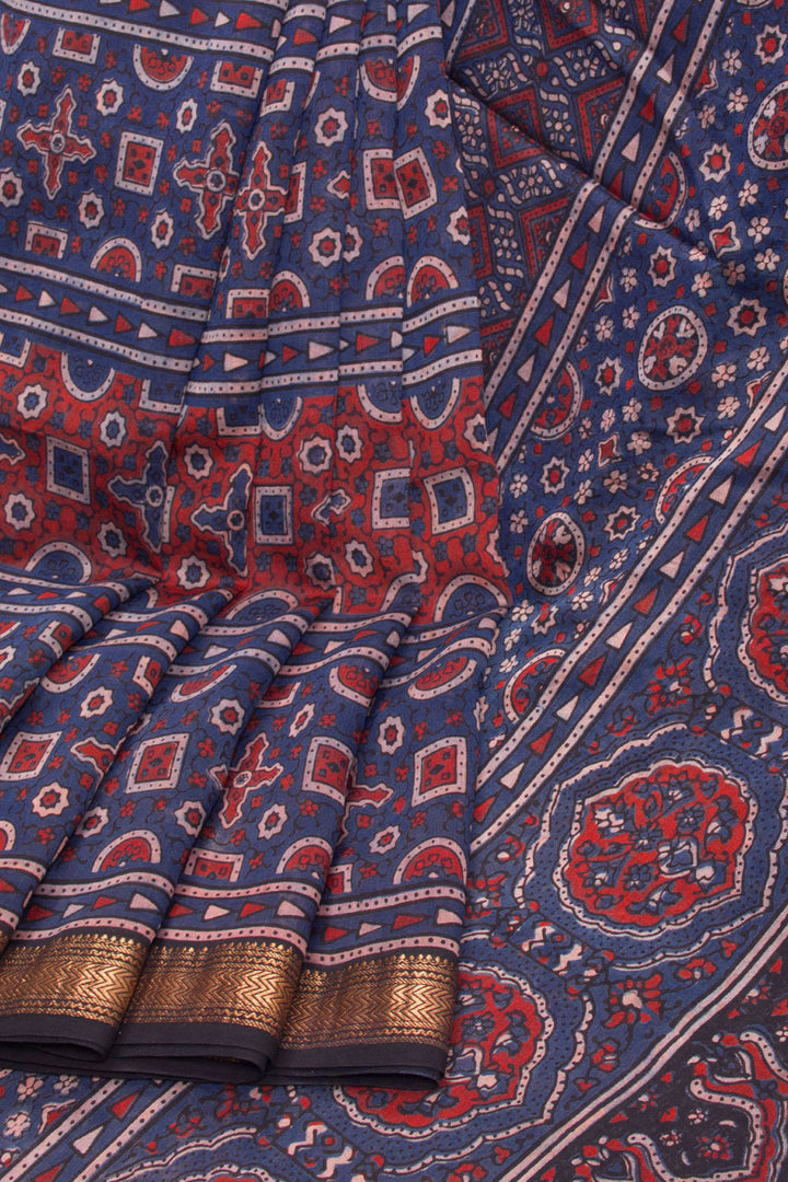 Blue Ajrakh Printed Silk Cotton Saree