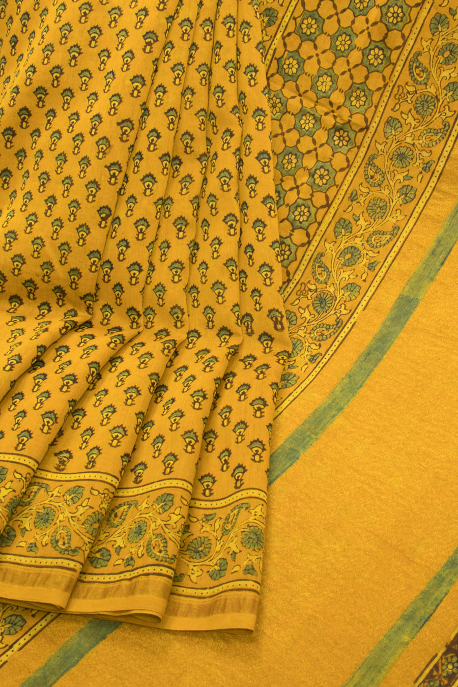 Yellow Ajrakh Printed Silk Cotton Saree