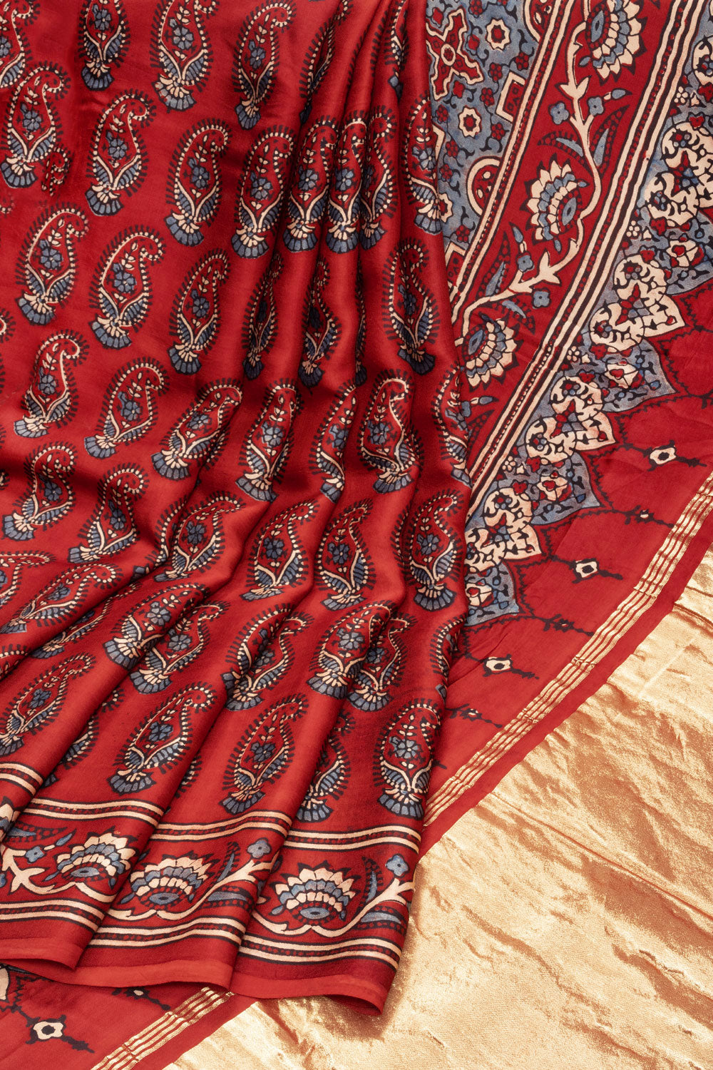 Red Ajrakh Printed Modal Silk Saree