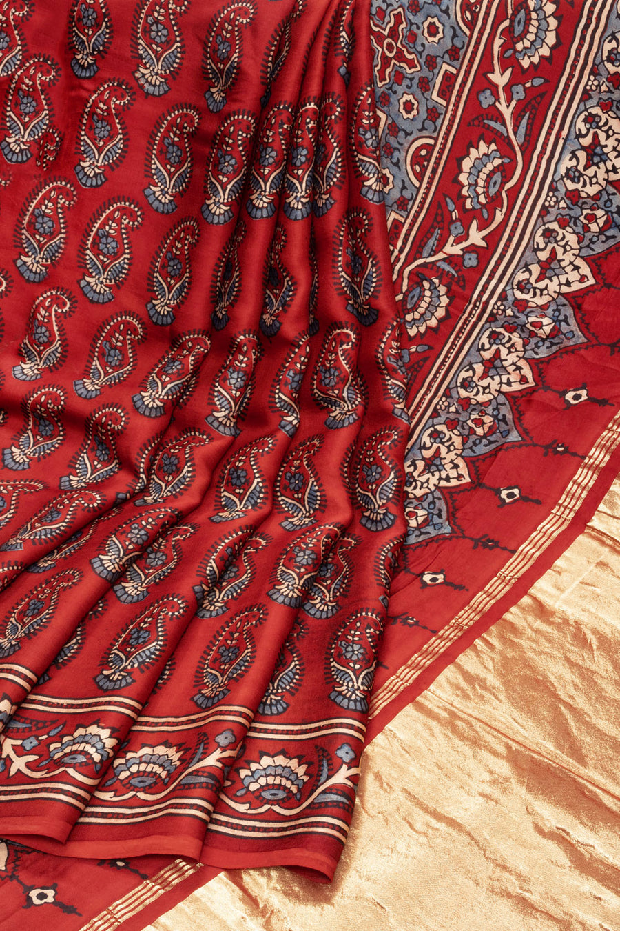 Red Ajrakh Printed Modal Silk Saree