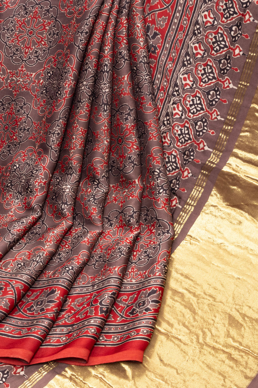 Brown Ajrakh Printed Modal Silk Saree