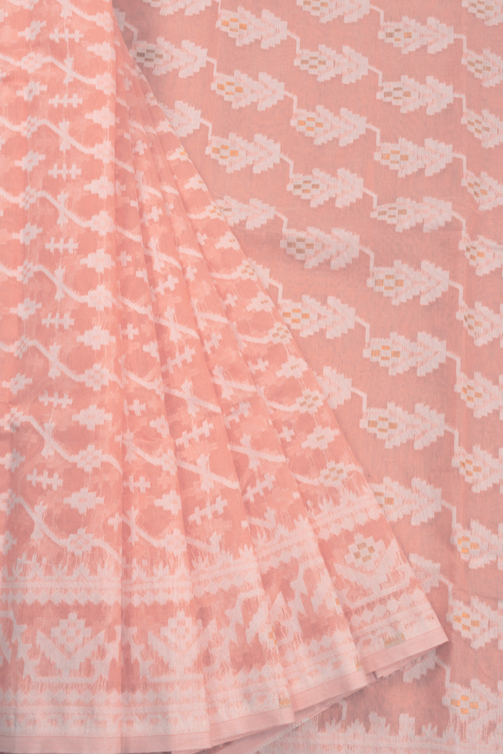 Peach Handloom Jamdani Style Cotton Saree 