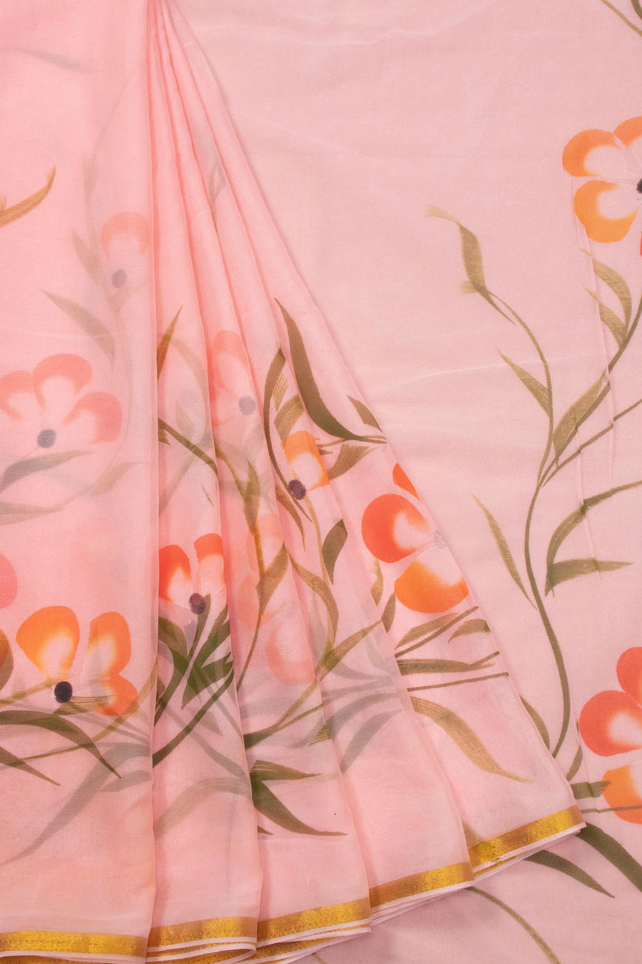 Peach Hand Painted Chiffon Saree 10073504