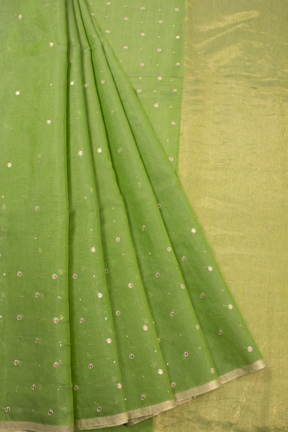 Green Chanderi Silk Cotton Saree with Tissue Pallu