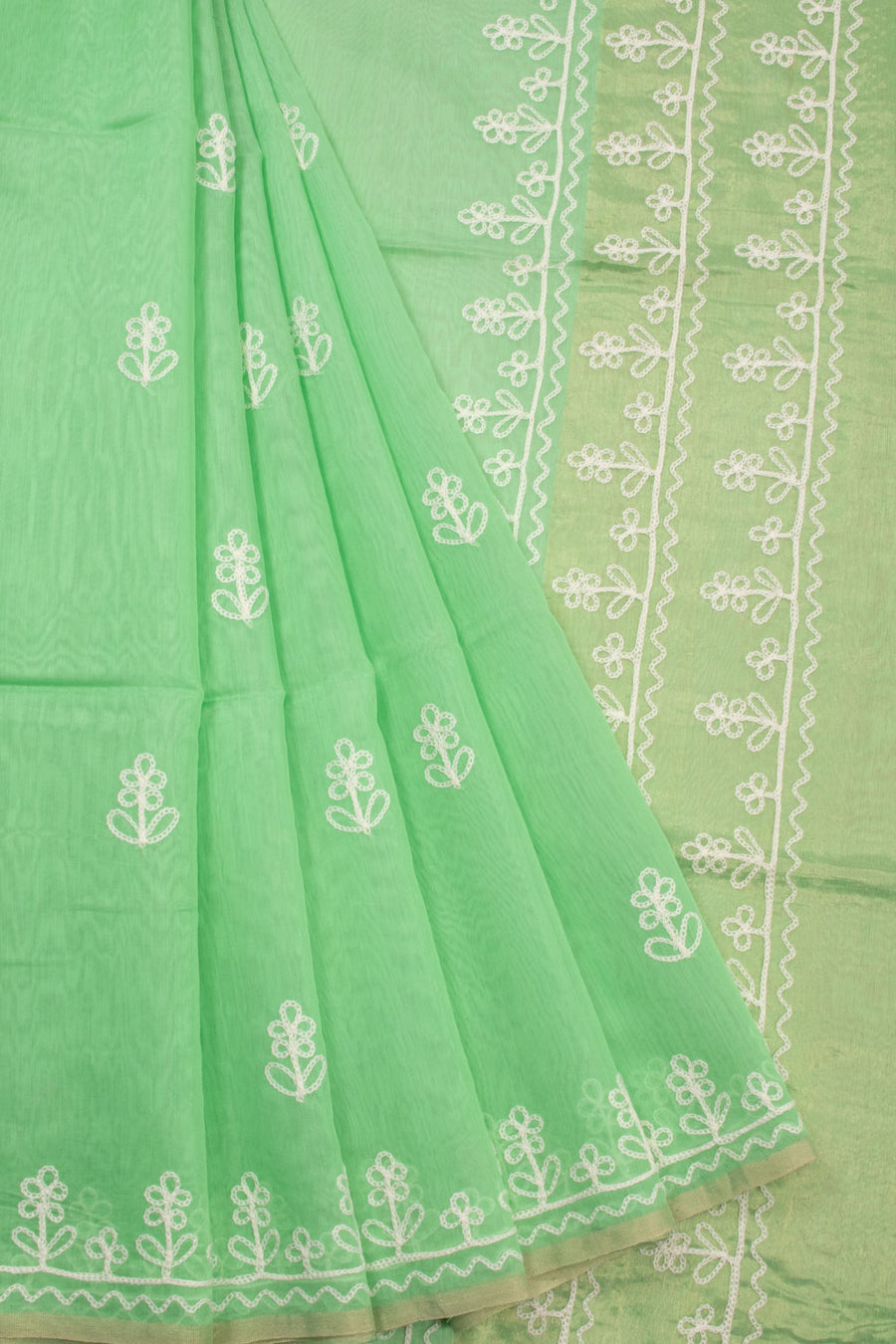 Green Embroidered Chanderi Silk Cotton Saree with Tissue Pallu 